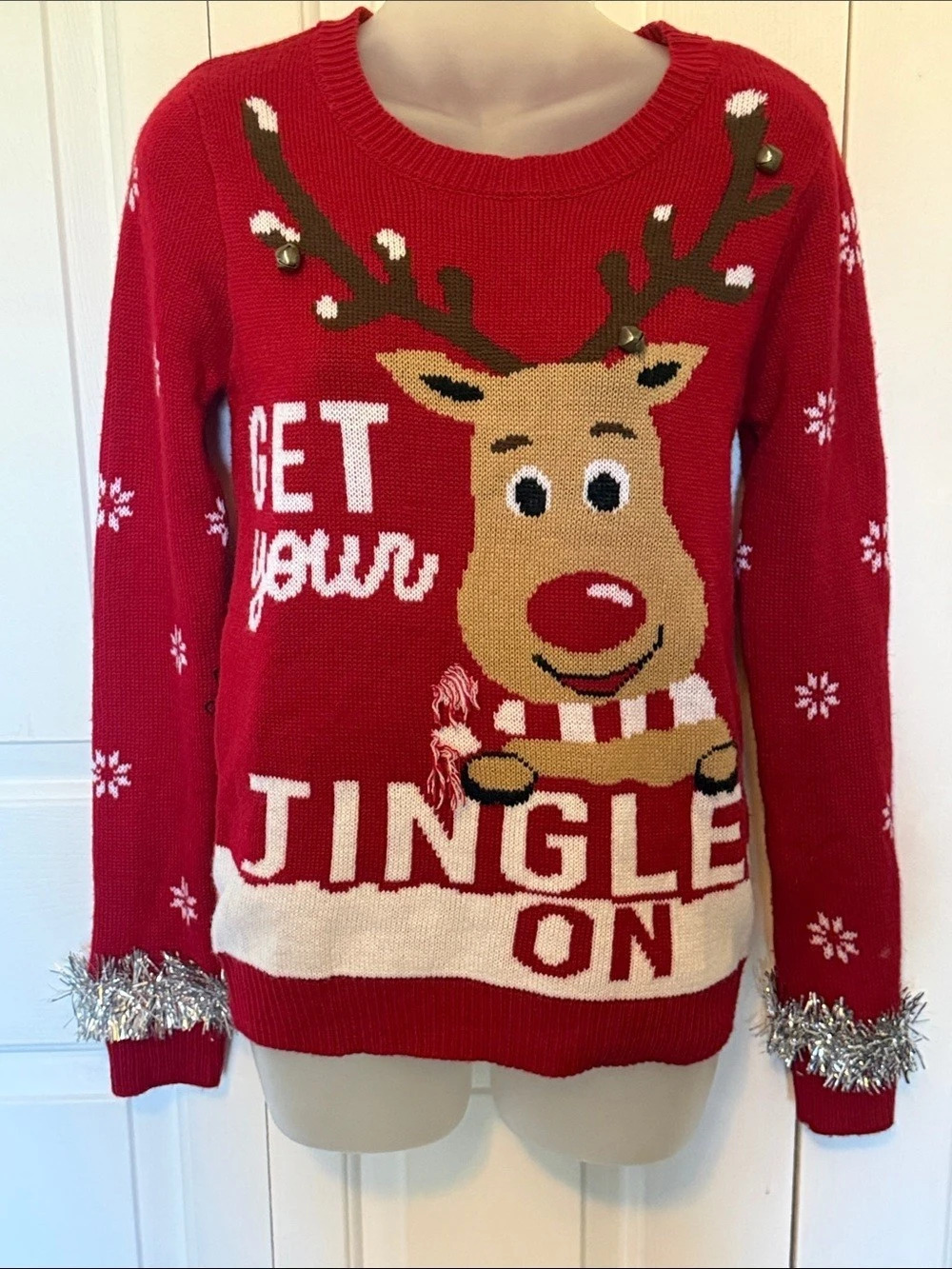 No Boundaries sz 7/9 Get Your Jingle On Reindeer Ugly Christmas Sweater B57
